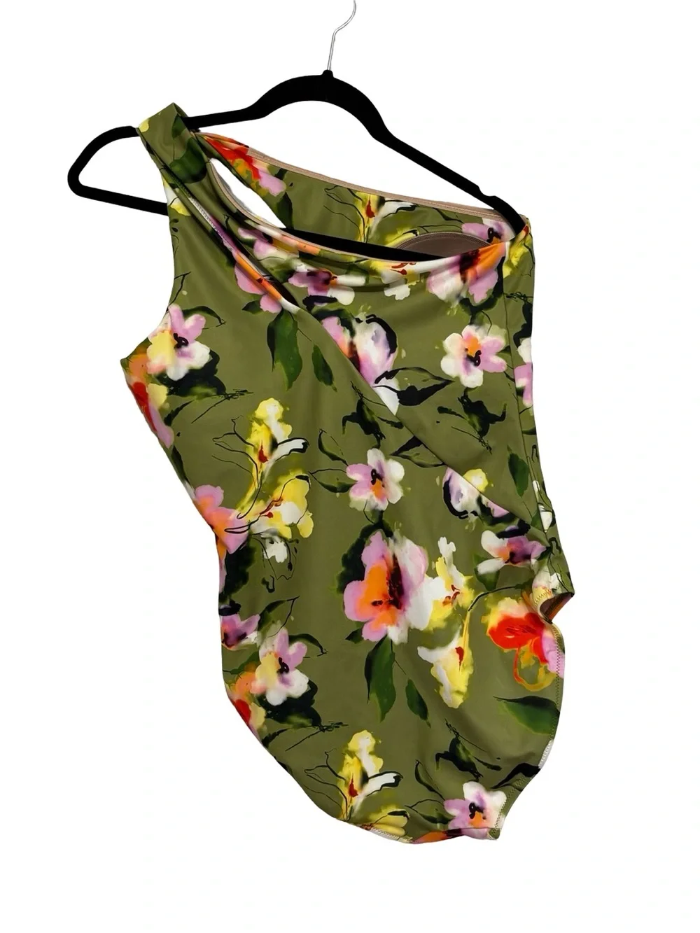 Garnet Hill Riviera Asymmetrical One-Piece Swimsuit Olive Island Floral -Size 10